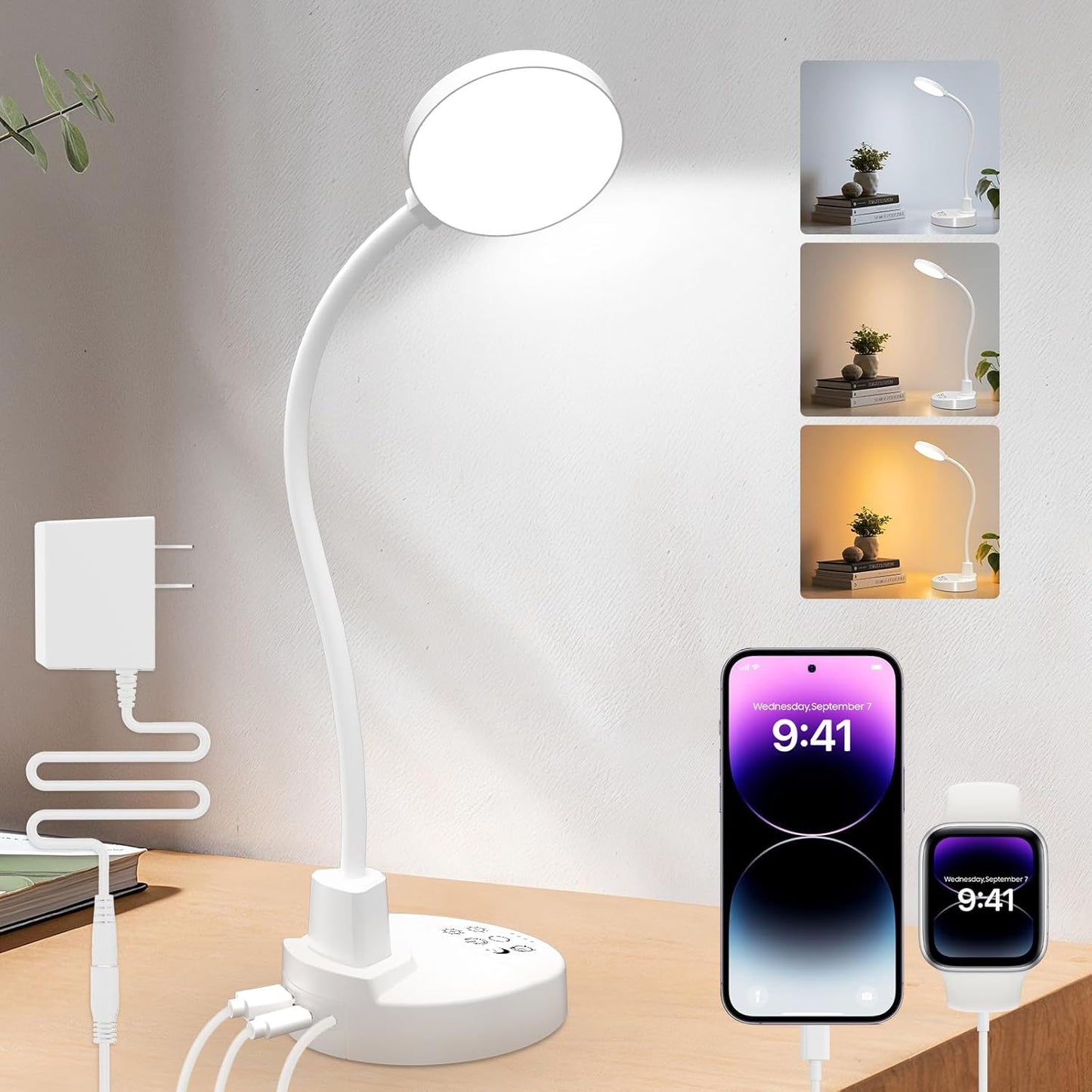 Bras de lampe flexible à col de cygne avec base, lampe de lecture protectrice pour les yeux, adaptée à la maison, au bureau, à la chambre et à la salle d’étude.